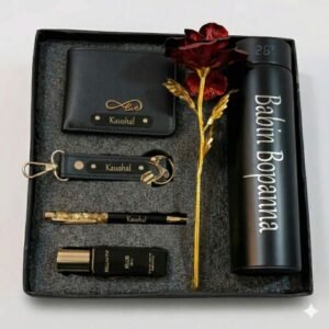 Customised Leather Wallet, Pen, Keychain, Rose, Perfume & Temprature Bottle
