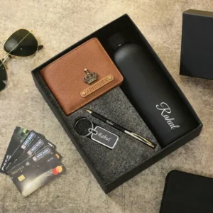 Customised Leather Wallet, Pen, Keychain & Water Bottle